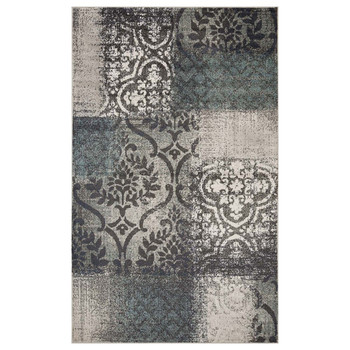 8' x 10' Teal and Gray Damask Distressed Stain Resistant Area Rug