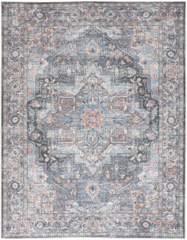 8' x 10' Blue Floral Power Loom Distressed Washable Area Rug
