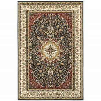 8' x 11' Navy and Ivory Oriental Power Loom Stain Resistant Area Rug