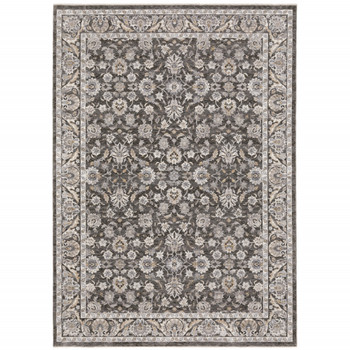 8' x 11' Grey & Ivory Oriental Power Loom Stain Resistant Area Rug with Fringe