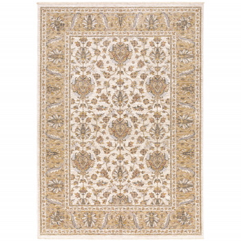 8' x 11' Ivory and Gold Oriental Power Loom Stain Resistant Area Rug with Fringe