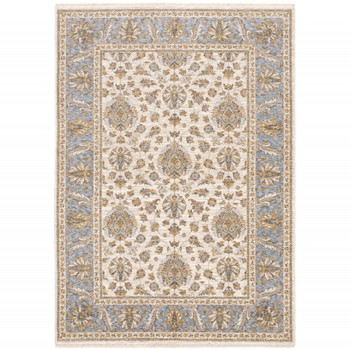 8' x 11' Ivory and Blue Oriental Power Loom Stain Resistant Area Rug with Fringe