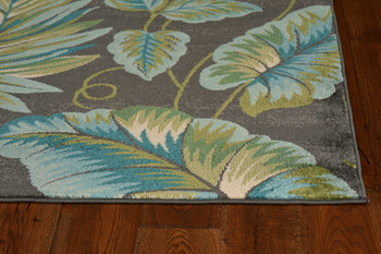 8' x 11' Grey Teal Machine Woven Oversized Tropical Leaves Indoor Area Rug