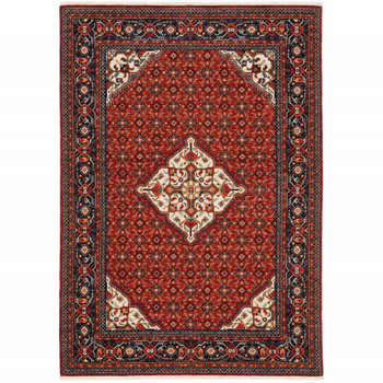 8' x 11' Red Blue Ivory and Orange Oriental Power Loom Area Rug with Fringe