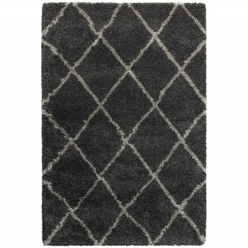 8' x 11' Charcoal and Grey Geometric Shag Power Loom Stain Resistant Area Rug