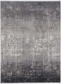8' x 11' Gray Black and Silver Abstract Power Loom Distressed Area Rug with Fringe