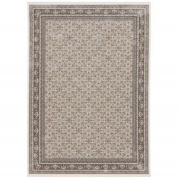 8' x 11' Ivory and Grey Oriental Power Loom Stain Resistant Area Rug with Fringe