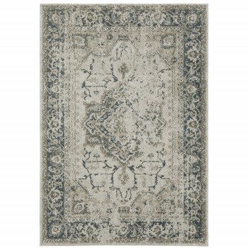 8' x 11' Grey Blue and Teal Oriental Power Loom Stain Resistant Area Rug