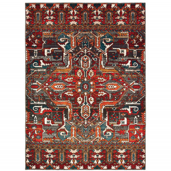 8' x 11' Red Orange Blue and Grey Southwestern Power Loom Stain Resistant Area Rug