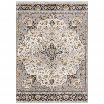 8' x 11' Ivory & Blue Oriental Power Loom Stain Resistant Area Rug with Fringe