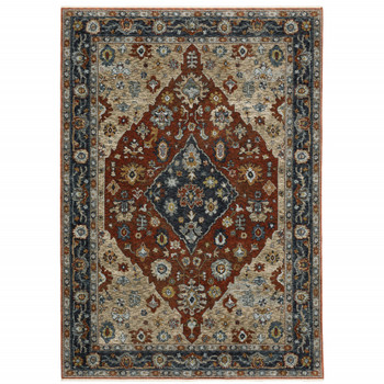 8' x 11' Blue Beige Tan Brown Gold and Rust Red Oriental Power Loom Area Rug with Fringe