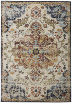 8' x 11' Ivory Gold and Blue Floral Stain Resistant Area Rug