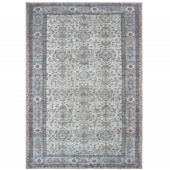 8' x 11' Ivory and Blue Oriental Power Loom Stain Resistant Area Rug