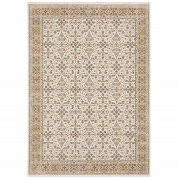 8' x 11' Ivory & Gold Oriental Power Loom Stain Resistant Area Rug with Fringe