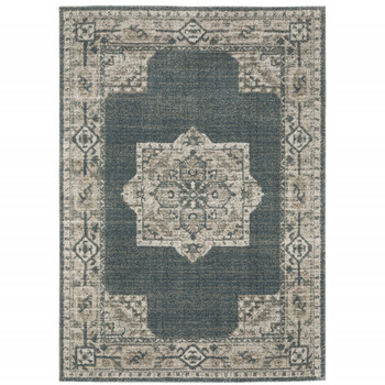 8' x 11' Blue and Beige Oriental Power Loom Stain Resistant Area Rug