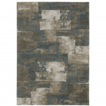 8' x 11' Teal Blue Grey Tan and Beige Geometric Power Loom Stain Resistant Area Rug