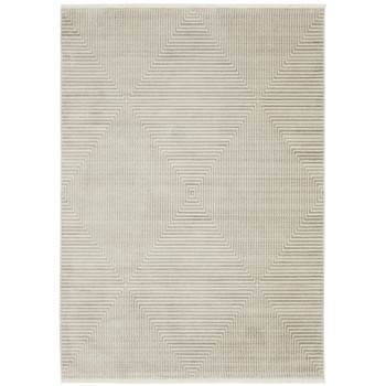8' x 11' Ivory Beige Taupe and Tan Geometric Power Loom Area Rug with Fringe