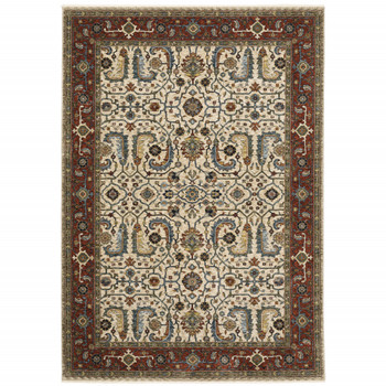 8' x 11' Ivory Red Green Grey Blue and Navy Oriental Power Loom Area Rug with Fringe