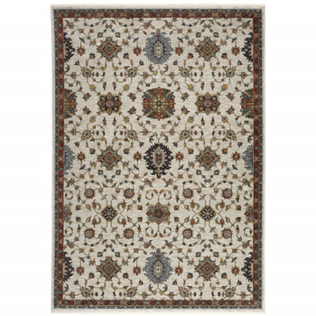 8' x 11' Beige Rust Red Blue Gold and Grey Oriental Power Loom Area Rug with Fringe