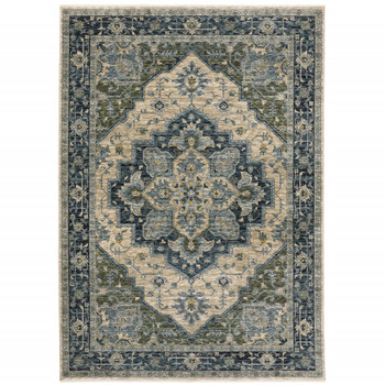 8' x 11' Blue Grey Beige Tan Green and Gold Oriental Power Loom Area Rug with Fringe