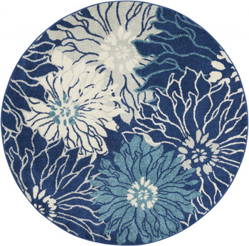 4' Blue and Ivory Round Floral Dhurrie Area Rug