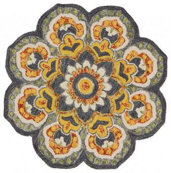 4' Round Gray and Gold Floret Area Rug