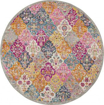 5' Pink and Gray Round Geometric Dhurrie Area Rug