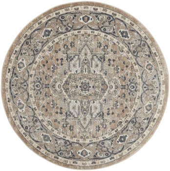 5' x 5' Beige and Grey Round Oriental Power Loom Non Skid Area Rug