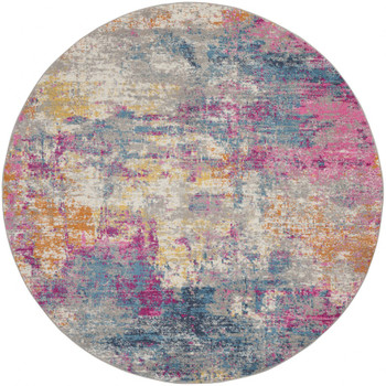 5' Blue and Pink Round Abstract Power Loom Area Rug