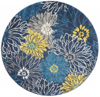 5' Blue Round Floral Power Loom Area Rug