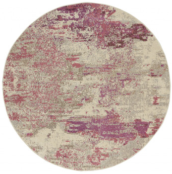 5' x 5' Ivory and Pink Round Abstract Power Loom Non Skid Area Rug