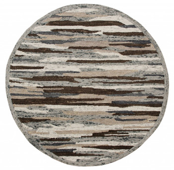 6' Gray and Brown Round Wool Hand Tufted Area Rug