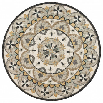 6' Gray and Black Round Wool Floral Dhurrie Handmade Area Rug