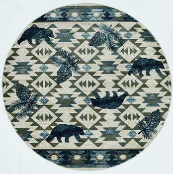 7' Round Ivory or Blue Geometric Lodge Pattern Indoor Area Rug