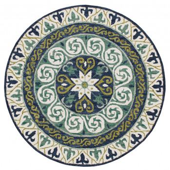 7' Round Blue and Green Ornate Medallion Area Rug