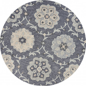 7' Blue and Gray Round Wool Hand Tufted Area Rug