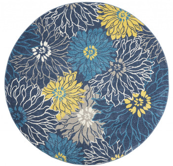 8' Blue Round Floral Power Loom Polypropylene Area Rug