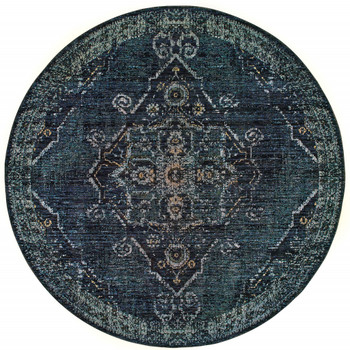 8' Blue and Brown Round Oriental Power Loom Stain Resistant Area Rug