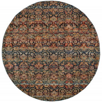 8' Multi and Blue Round Abstract Power Loom Stain Resistant Area Rug