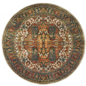 8' Red Gold Orange Green Ivory Rust and Blue Round Oriental Power Loom Area Rug