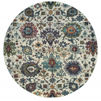 8' Stone Grey Purple Green Gold and Teal Round Oriental Power Loom Area Rug