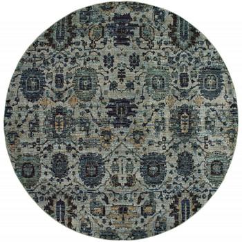 8' Blue and Navy Round Oriental Power Loom Stain Resistant Area Rug