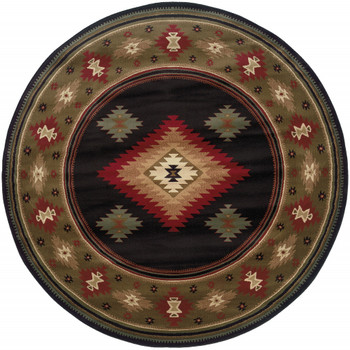 8' Black Round Southwestern Power Loom Stain Resistant Area Rug