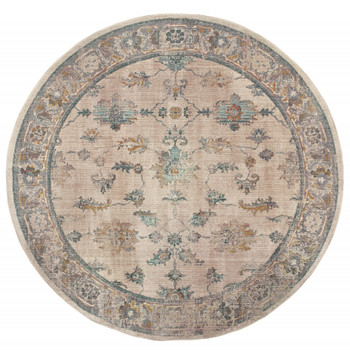 8' Ivory Blue Gold and Grey Round Oriental Power Loom Stain Resistant Area Rug