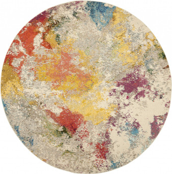 8' x 8' Ivory Round Abstract Power Loom Non Skid Area Rug