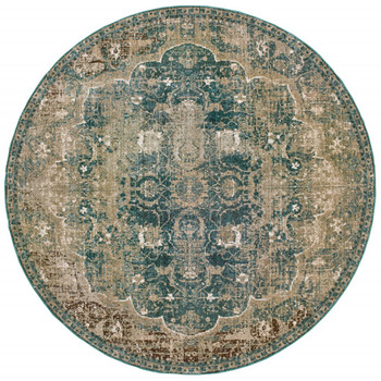 8' Round Sand and Blue Distressed Indoor Area Rug