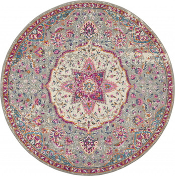 8' Pink and Gray Round Power Loom Area Rug