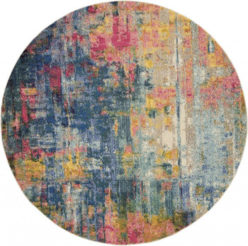 8' x 8' Blue and Yellow Round Abstract Power Loom Non Skid Area Rug
