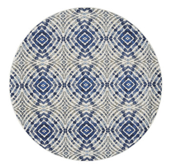 9' Ivory Blue and Gray Round Abstract Distressed Stain Resistant Area Rug