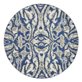 9' Blue Taupe and Ivory Round Ikat Distressed Stain Resistant Area Rug